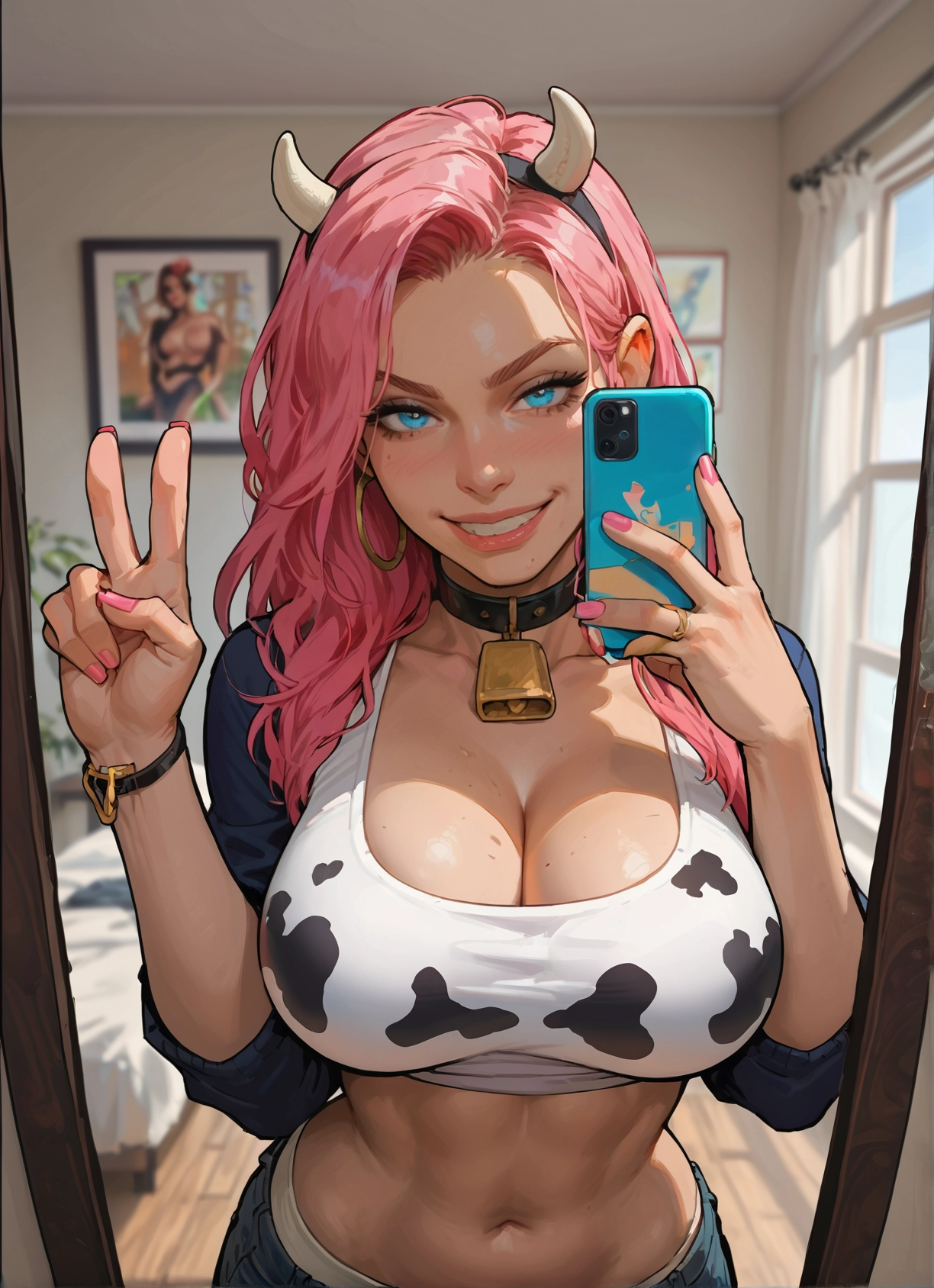 1girl, breasts, pink hair, phone, animal print, cow print · Yamete.gg