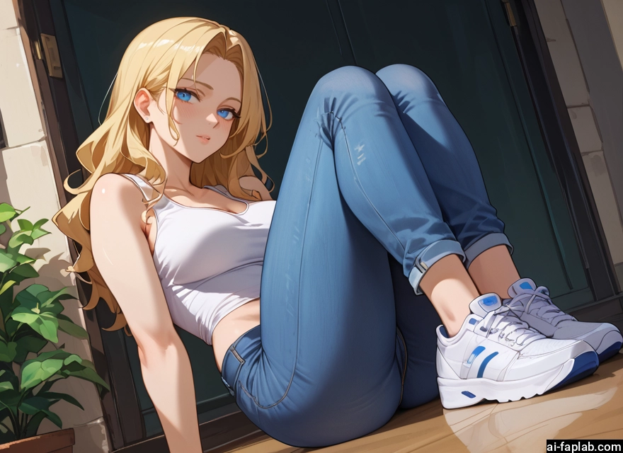 1girl, blonde hair, blue eyes, breasts, pants, shoes · Yamete.gg
