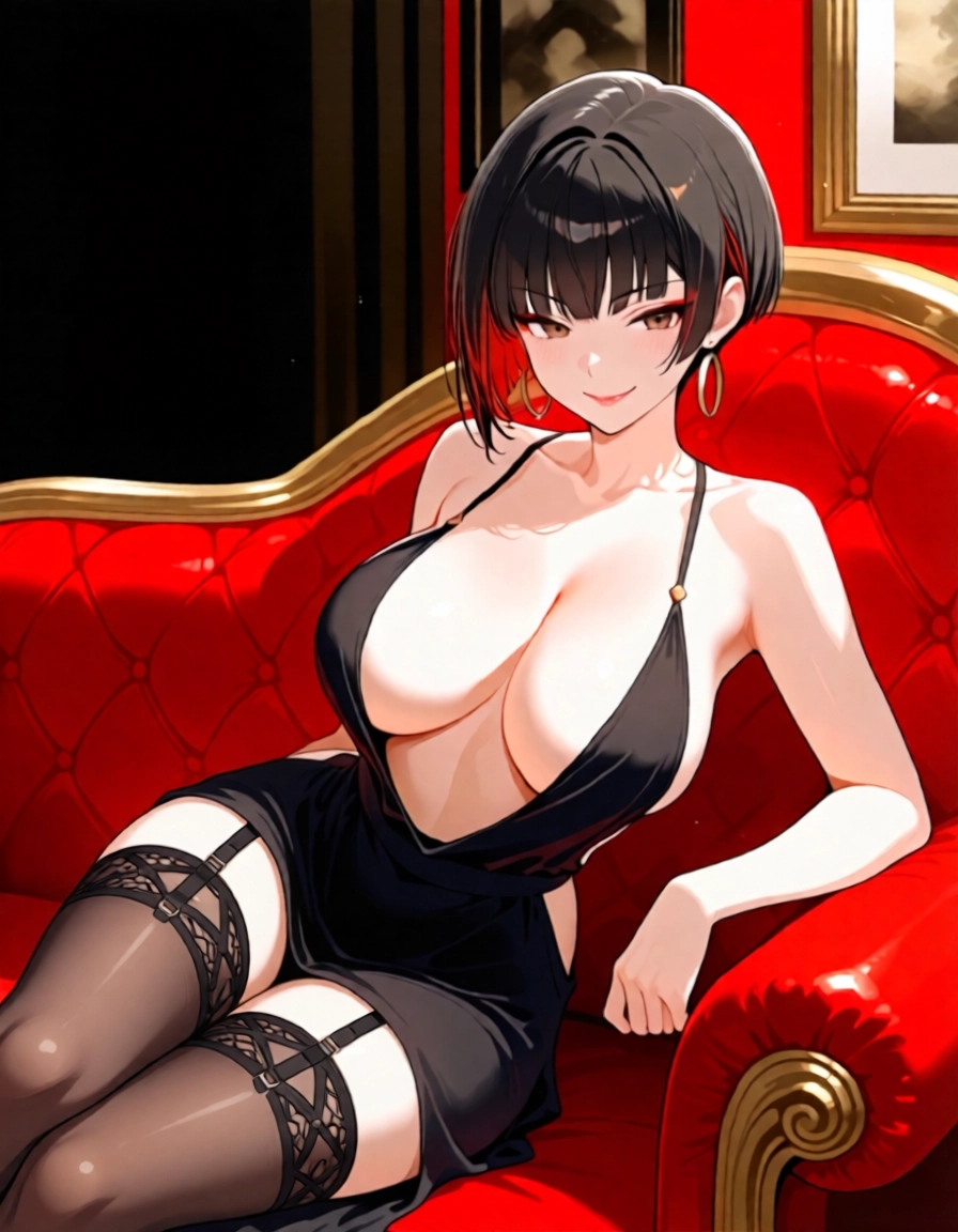 1girl, breasts, black hair, solo, dress, jewelry · Yamete.gg