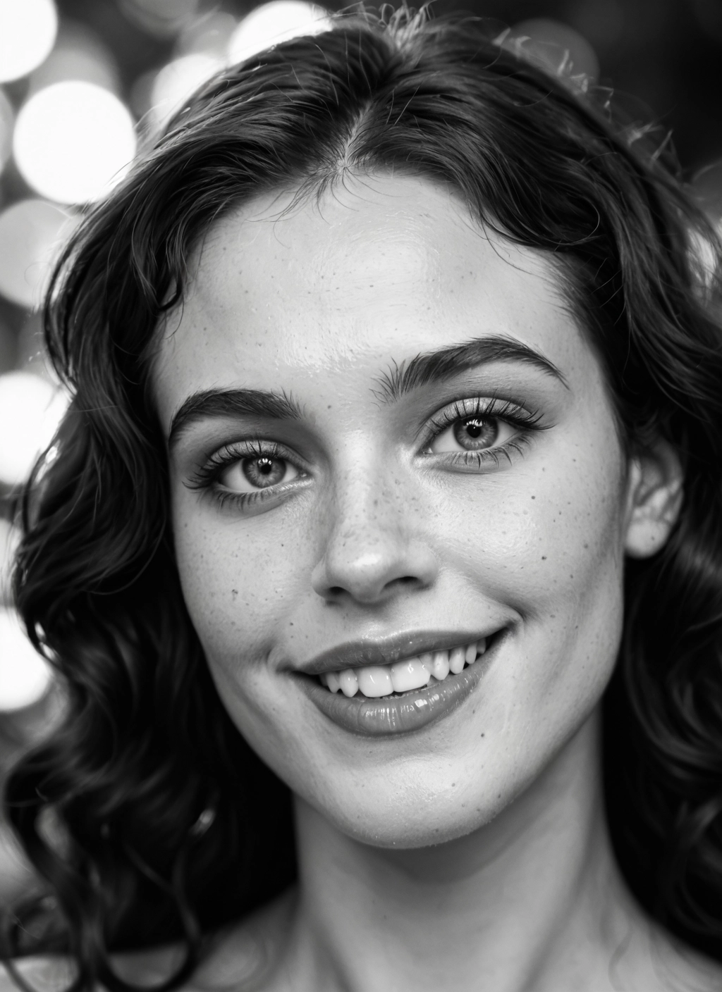 monochrome, greyscale, 1girl, solo, freckles, smile · Yamete.gg