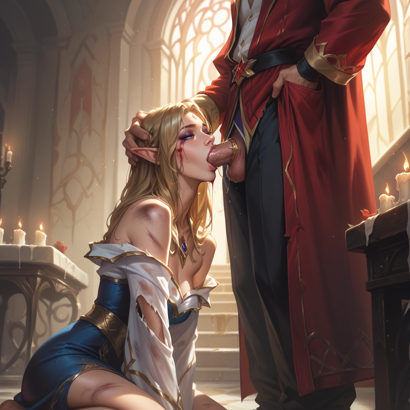 1girl, penis, oral, pointy ears, fellatio, blonde hair · Yamete.gg