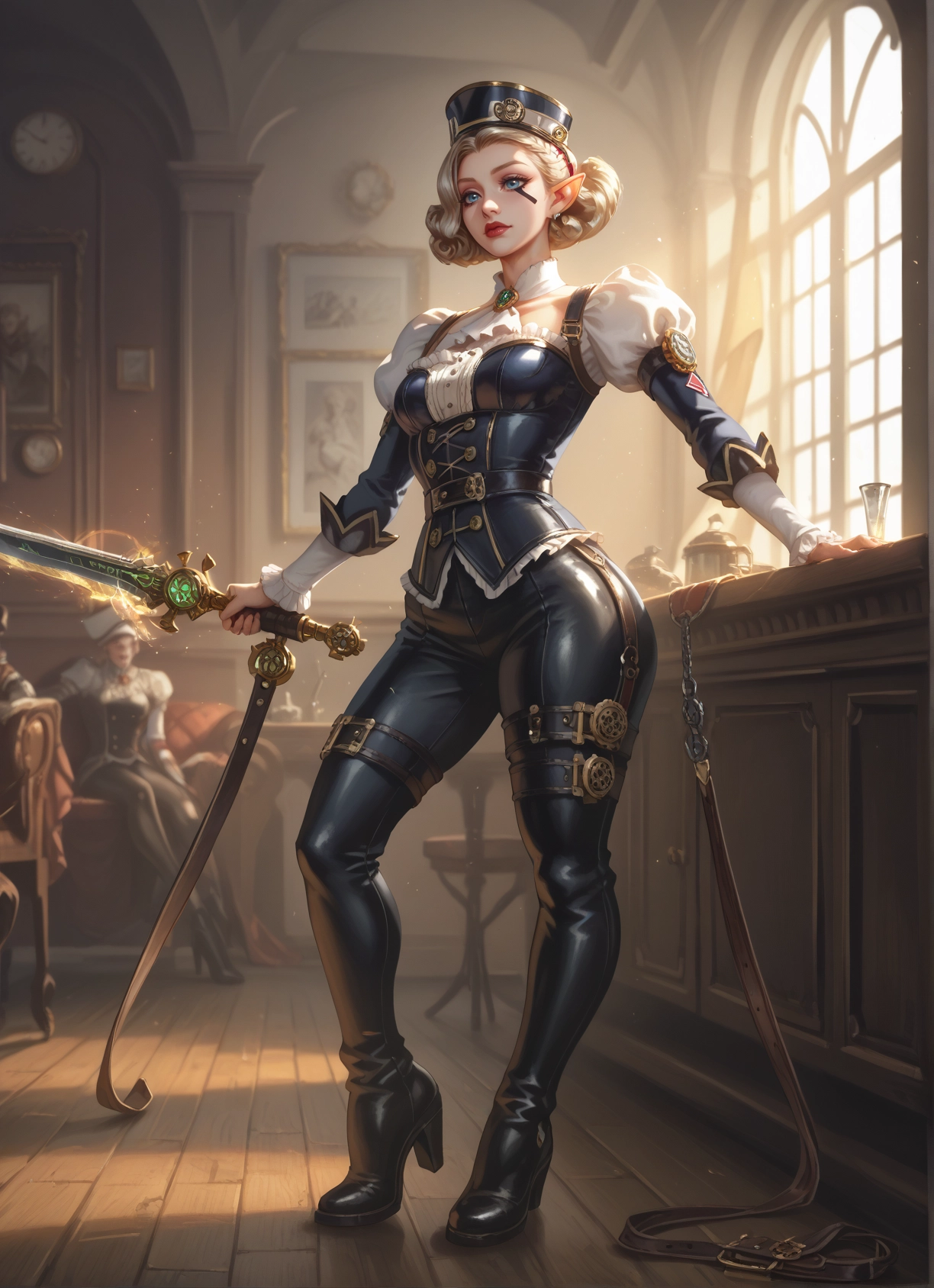 weapon, pointy ears, hat, blue eyes, sword, high heels · Yamete.gg