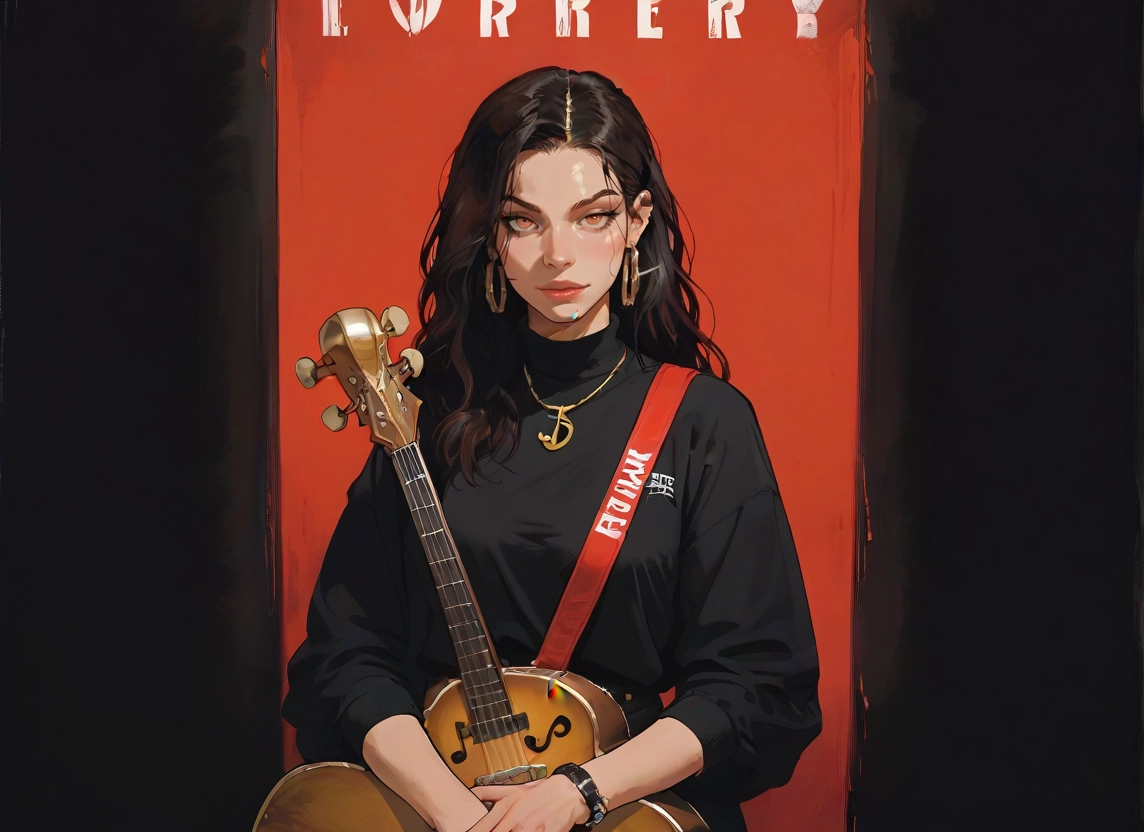 1girl, instrument, jewelry, solo, earrings, guitar · Yamete.gg