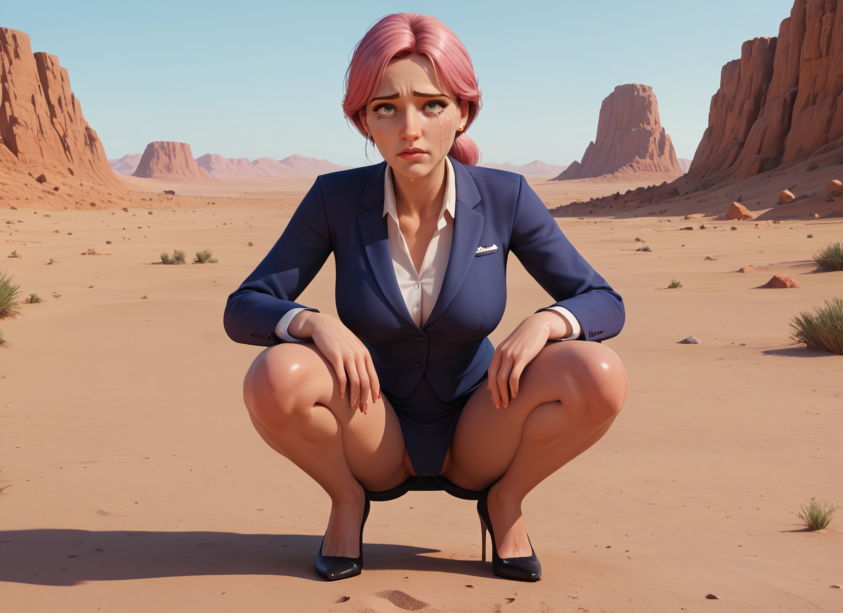 1girl, squatting, pink hair, high heels, solo, skirt · Yamete.gg