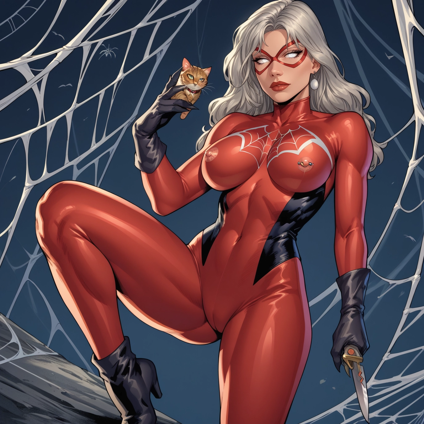 1girl, breasts, bodysuit, spider web, nipple piercing, silk · Yamete.gg