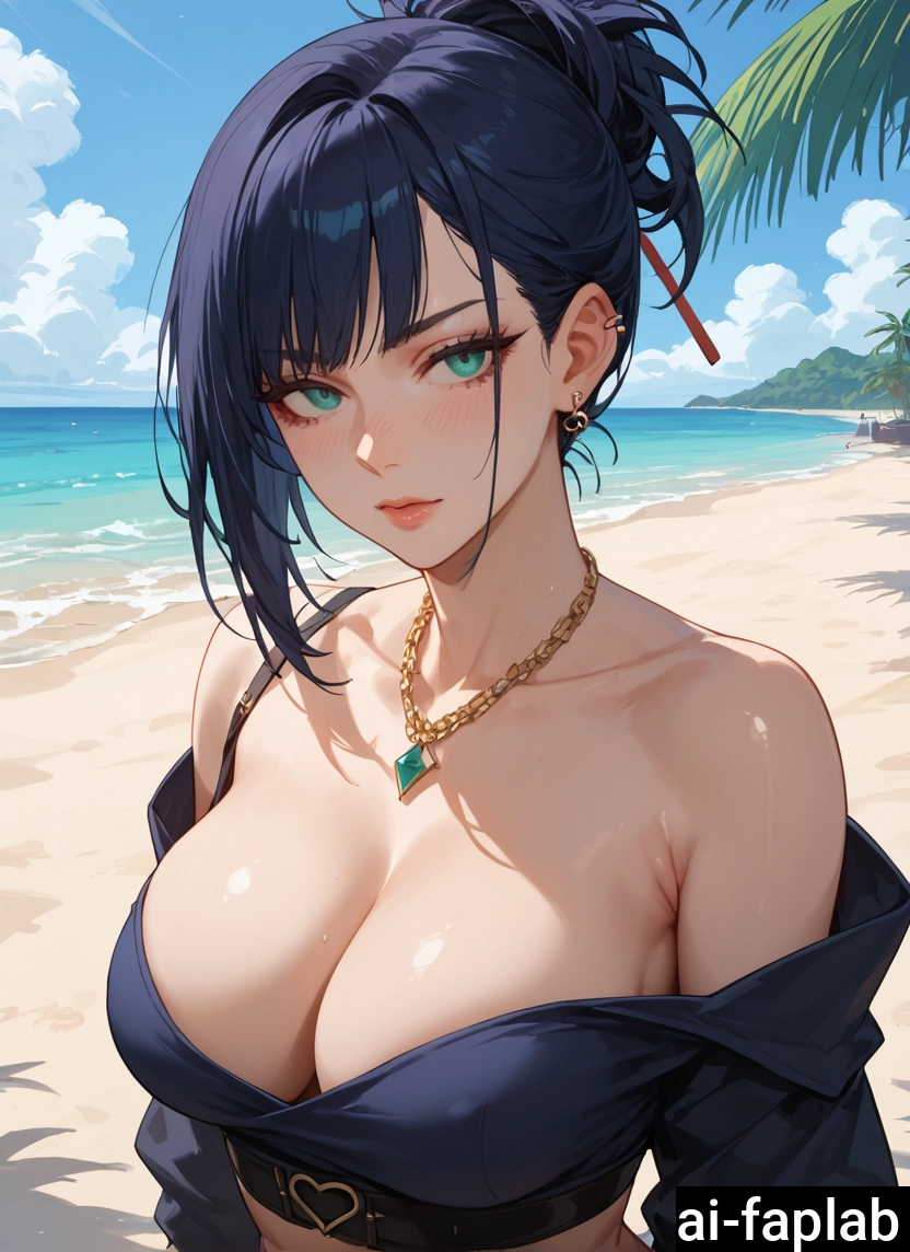 1girl, breasts, outdoors, jewelry, solo, cleavage