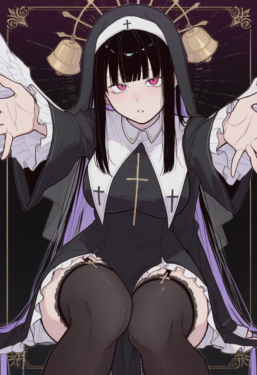 1girl, solo, thighhighs, black hair, long hair, red eyes