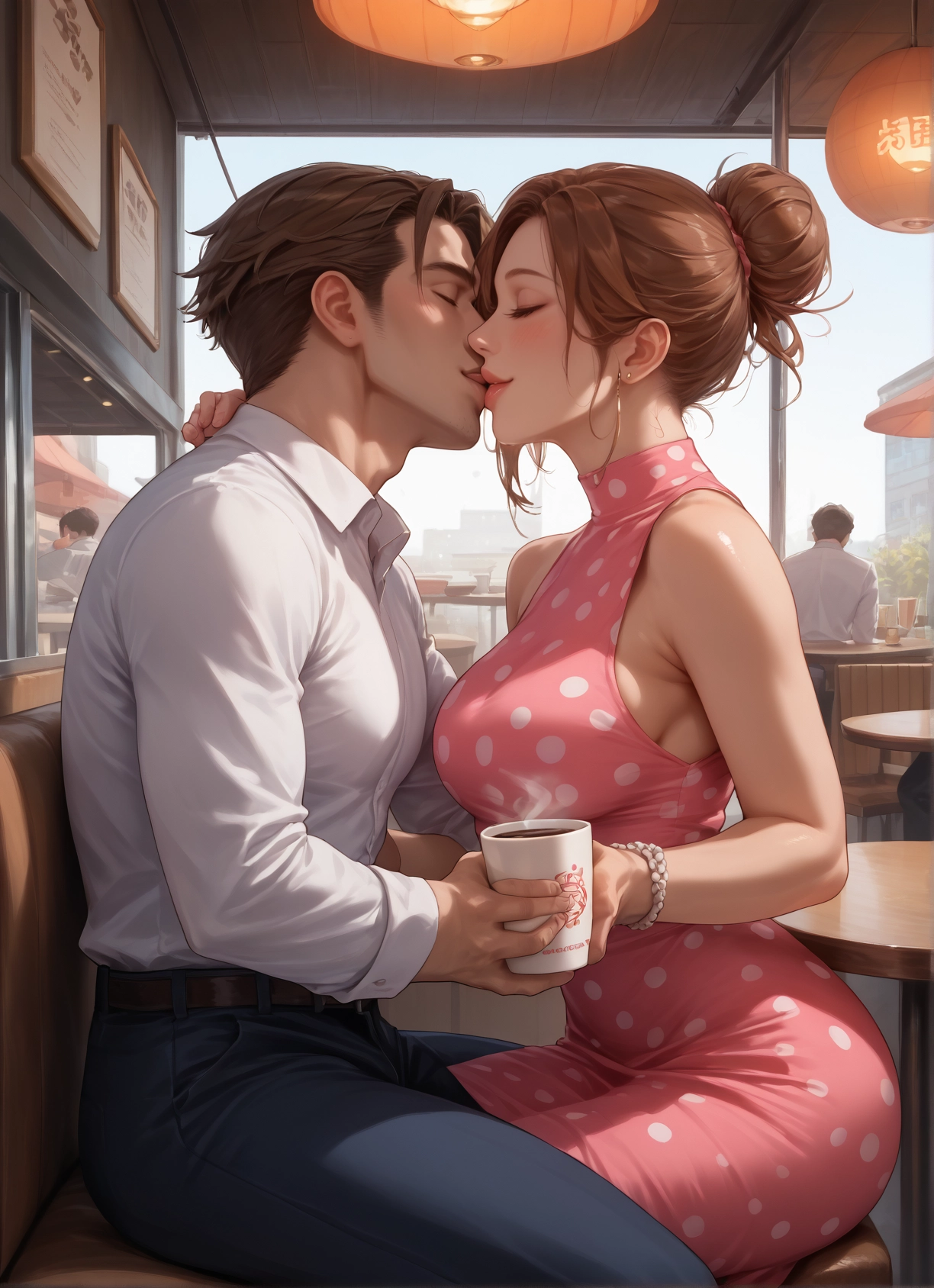 dress, kiss, brown hair, breasts, 1girl, jewelry · Yamete.gg