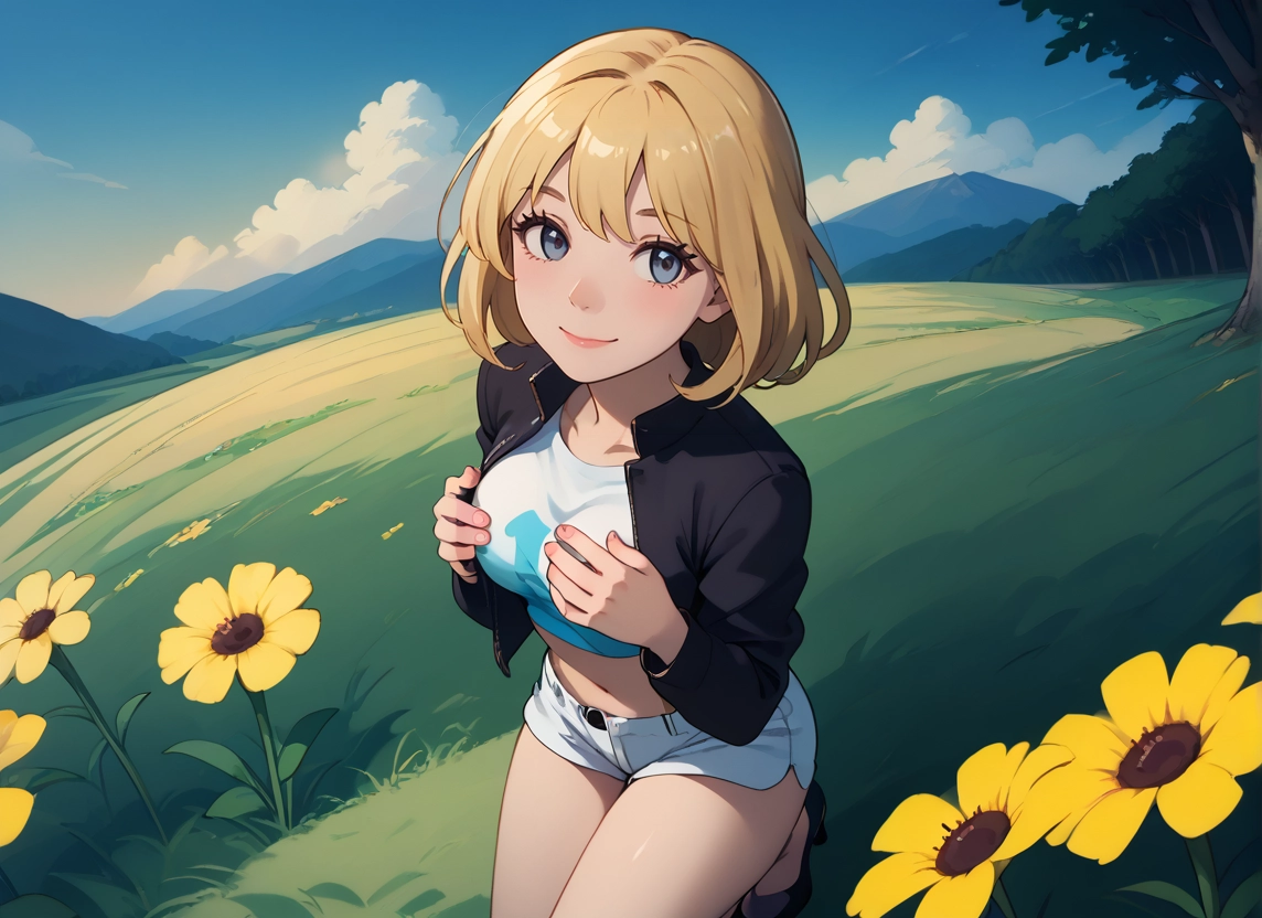 1girl, flower, solo, shorts, smile, blue eyes · Yamete.gg