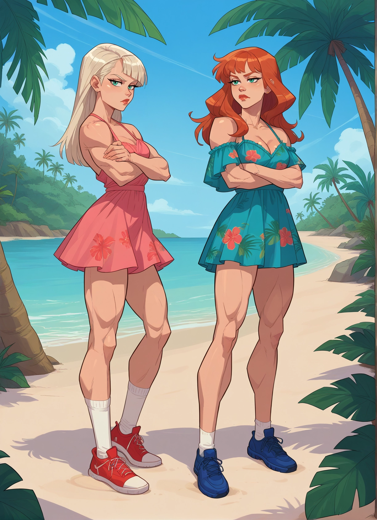 multiple girls, 2girls, breasts, dress, beach, crossed arms · Yamete.gg