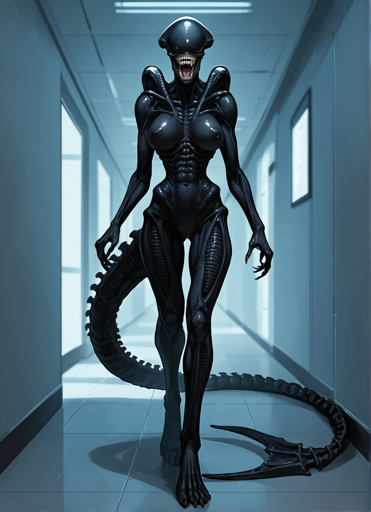 1girl, tail, breasts, solo, bodysuit, teeth · Yamete.gg