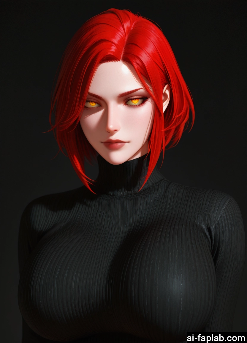 1girl, breasts, red hair, solo, sweater, yellow eyes · Yamete.gg