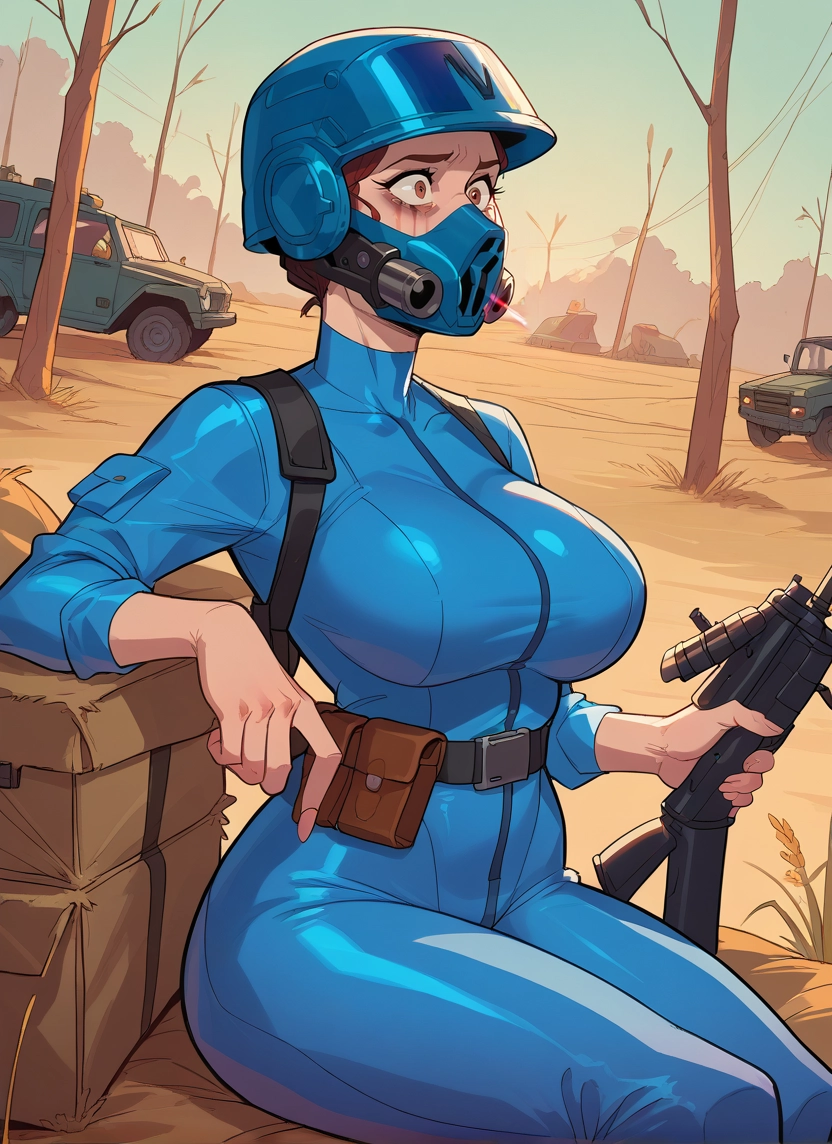 weapon, gun, breasts, 1girl, helmet, large breasts · Yamete.gg