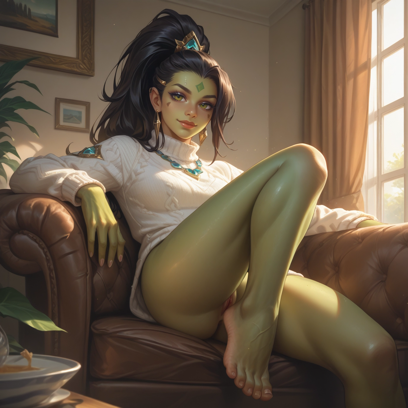 1girl, solo, pussy, barefoot, sweater, feet · Yamete.gg