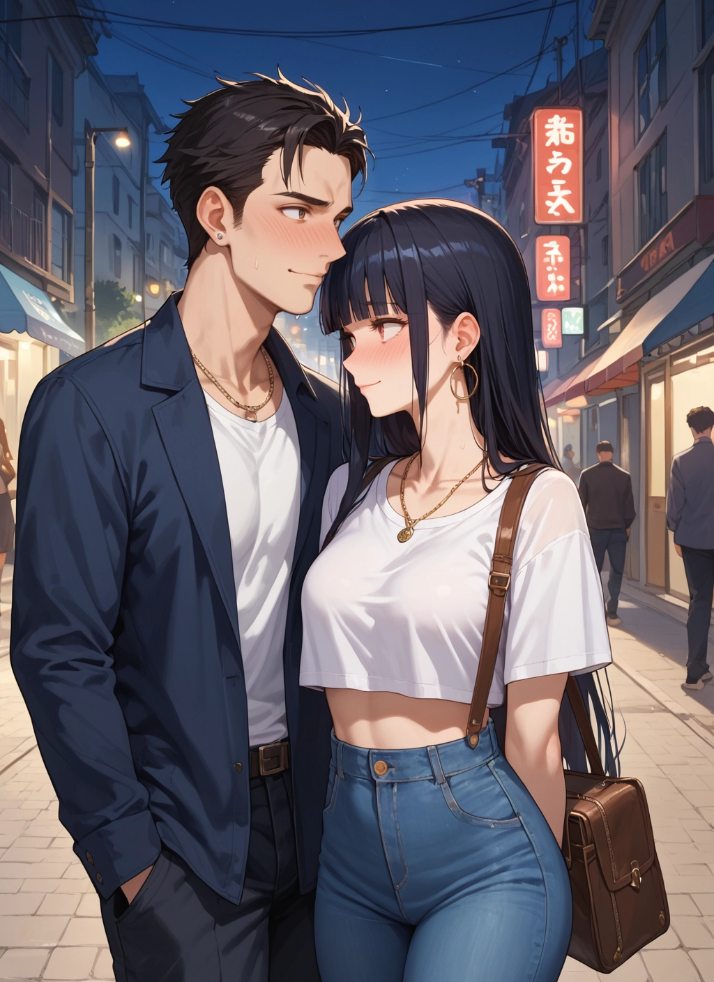 1girl, black hair, jewelry, long hair, earrings, pants · Yamete.gg