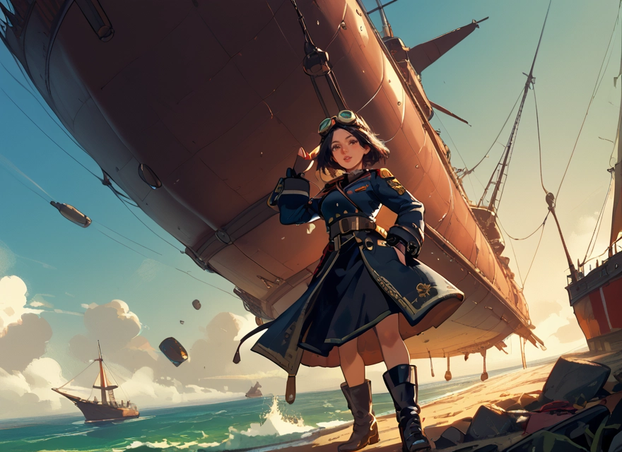 1girl, goggles, boots, watercraft, solo, ship