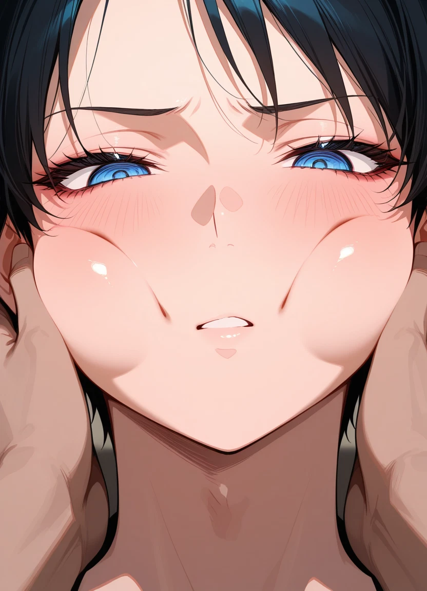 1girl, blue eyes, black hair, close-up, blush, short hair