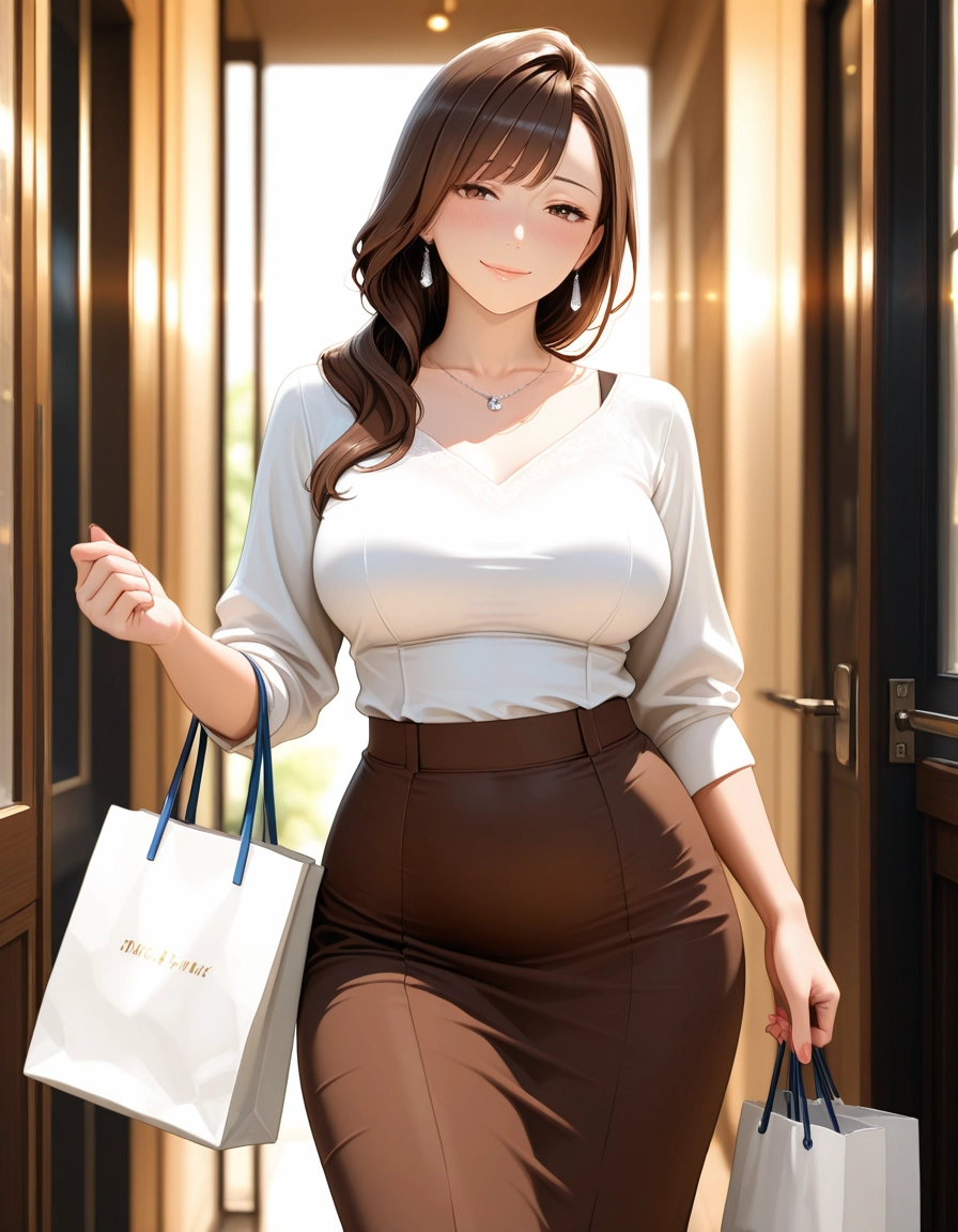 1girl, jewelry, skirt, solo, breasts, brown hair · Yamete.gg