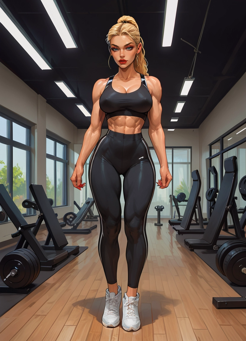 1girl, breasts, gym, dumbbell, sneakers, muscular female · Yamete.gg