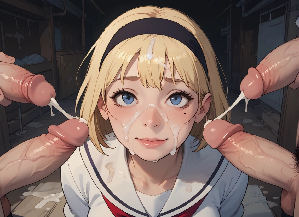 cum, 1girl, multiple boys, penis, blue eyes, blonde hair
