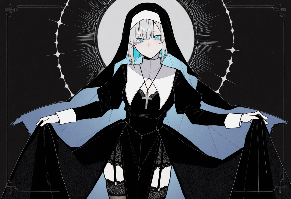 1girl, solo, nun, jewelry, blue eyes, thighhighs · Yamete.gg