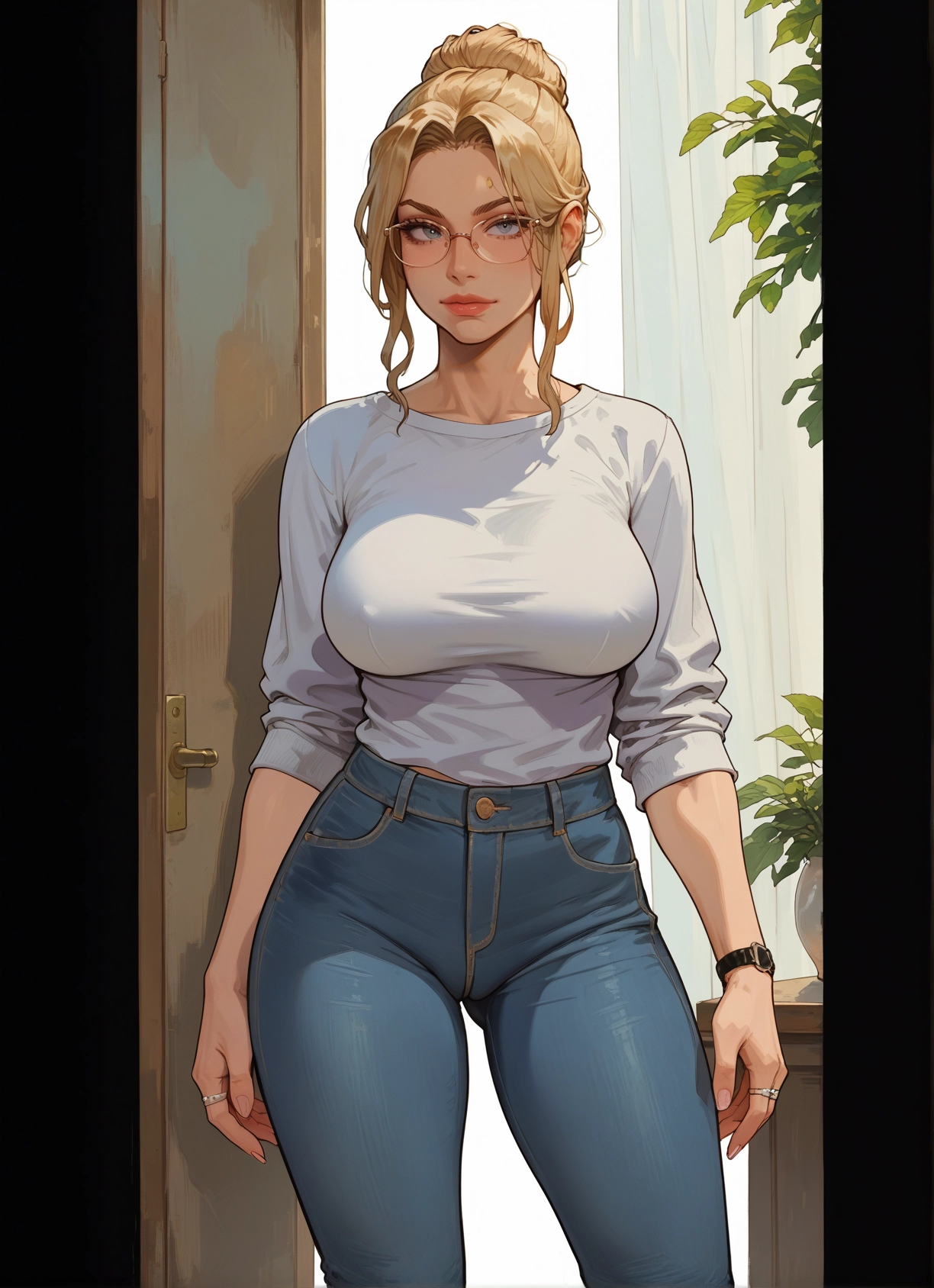 1girl, breasts, pants, blonde hair, glasses, jewelry · Yamete.gg