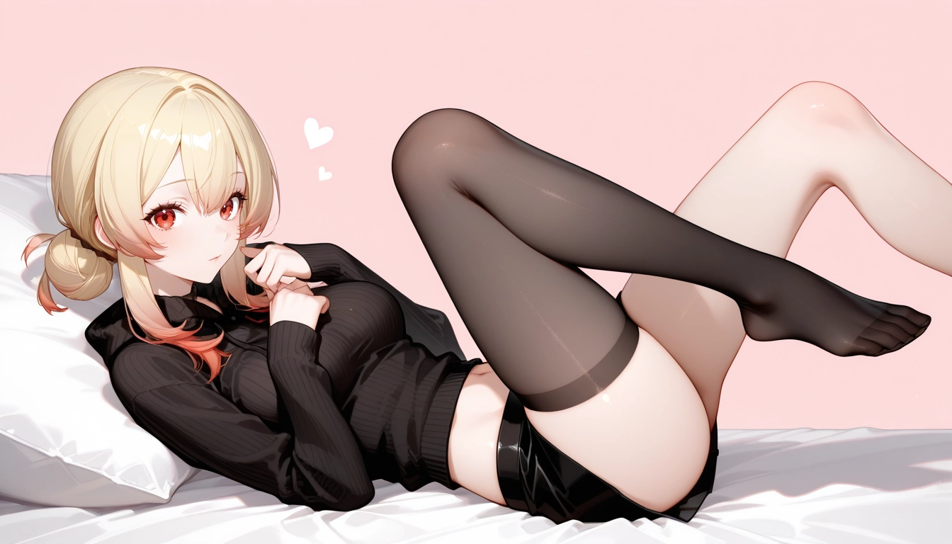 solo, 1girl, thighhighs, looking at viewer, red eyes, blonde hair · Yamete.gg