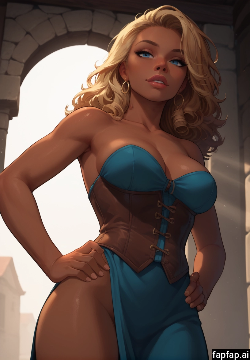 1girl, solo, breasts, blonde hair, blue eyes, hands on hips