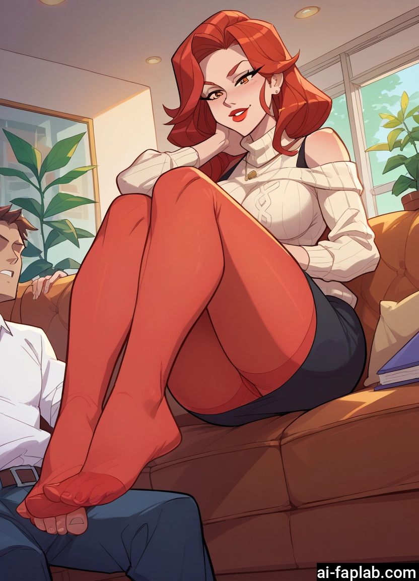 1girl, pantyhose, 1boy, sweater, feet, skirt