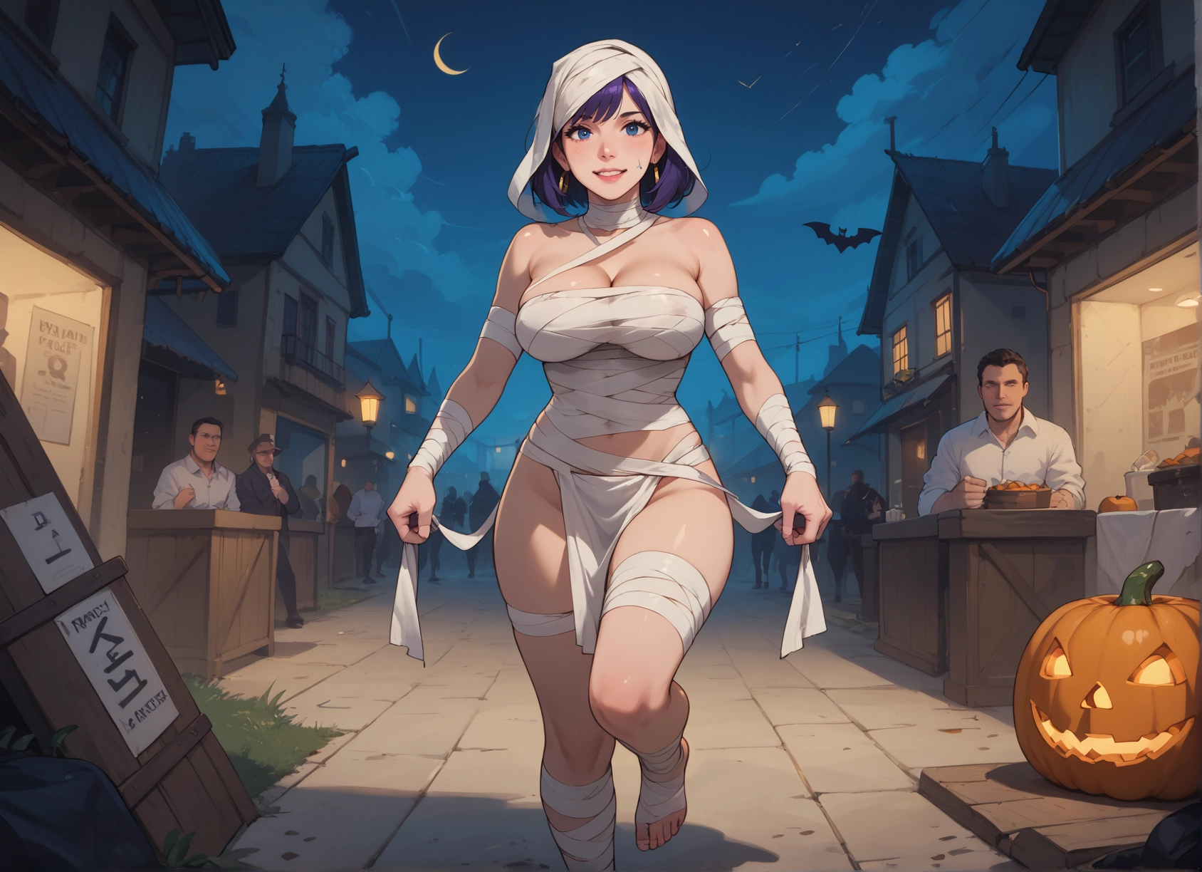 breasts, blue eyes, large breasts, bandages, 1girl, jewelry · Yamete.gg