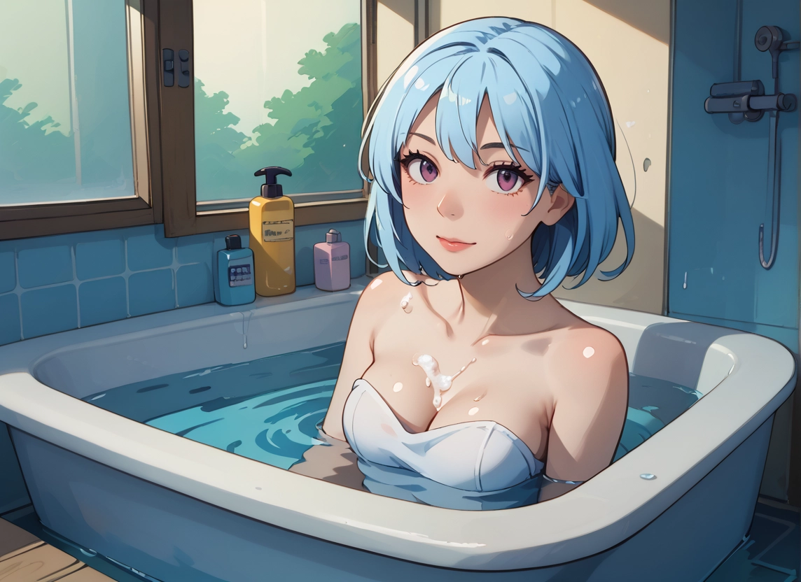 1girl, solo, bathtub, breasts, blue hair, looking at viewer · Yamete.gg