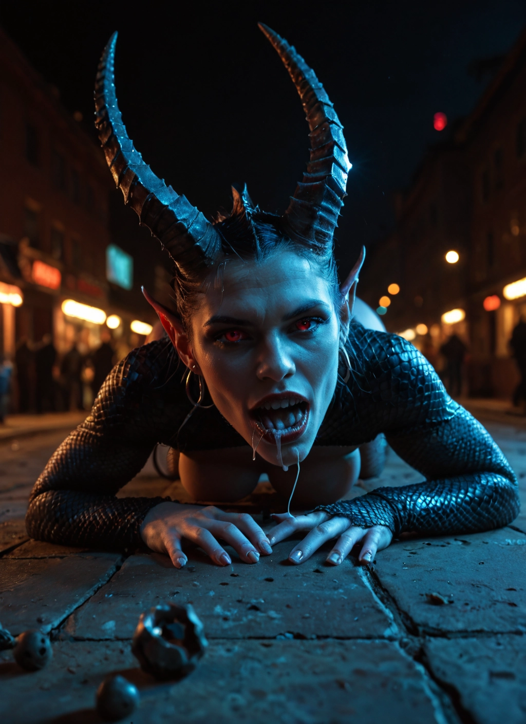 1girl, horns, red eyes, breasts, pointy ears, solo · Yamete.gg