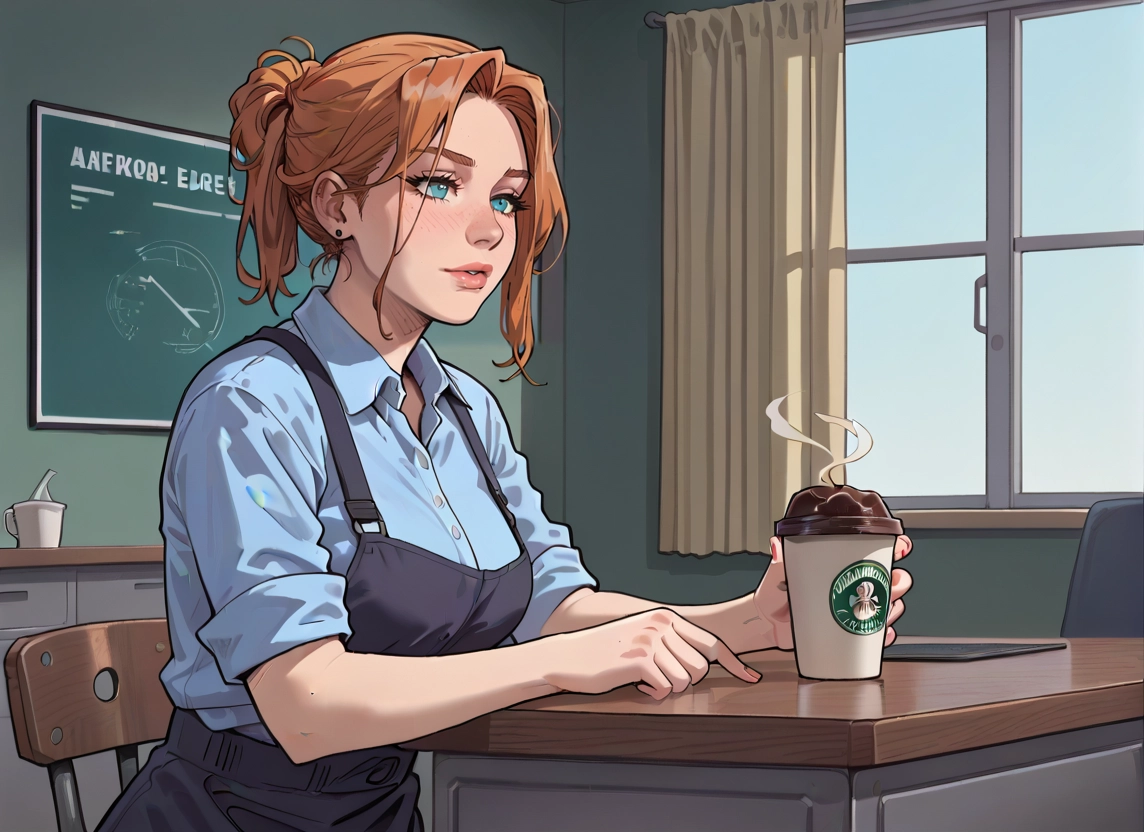 1girl, coffee, solo, cup, coffee cup, blue eyes · Yamete.gg