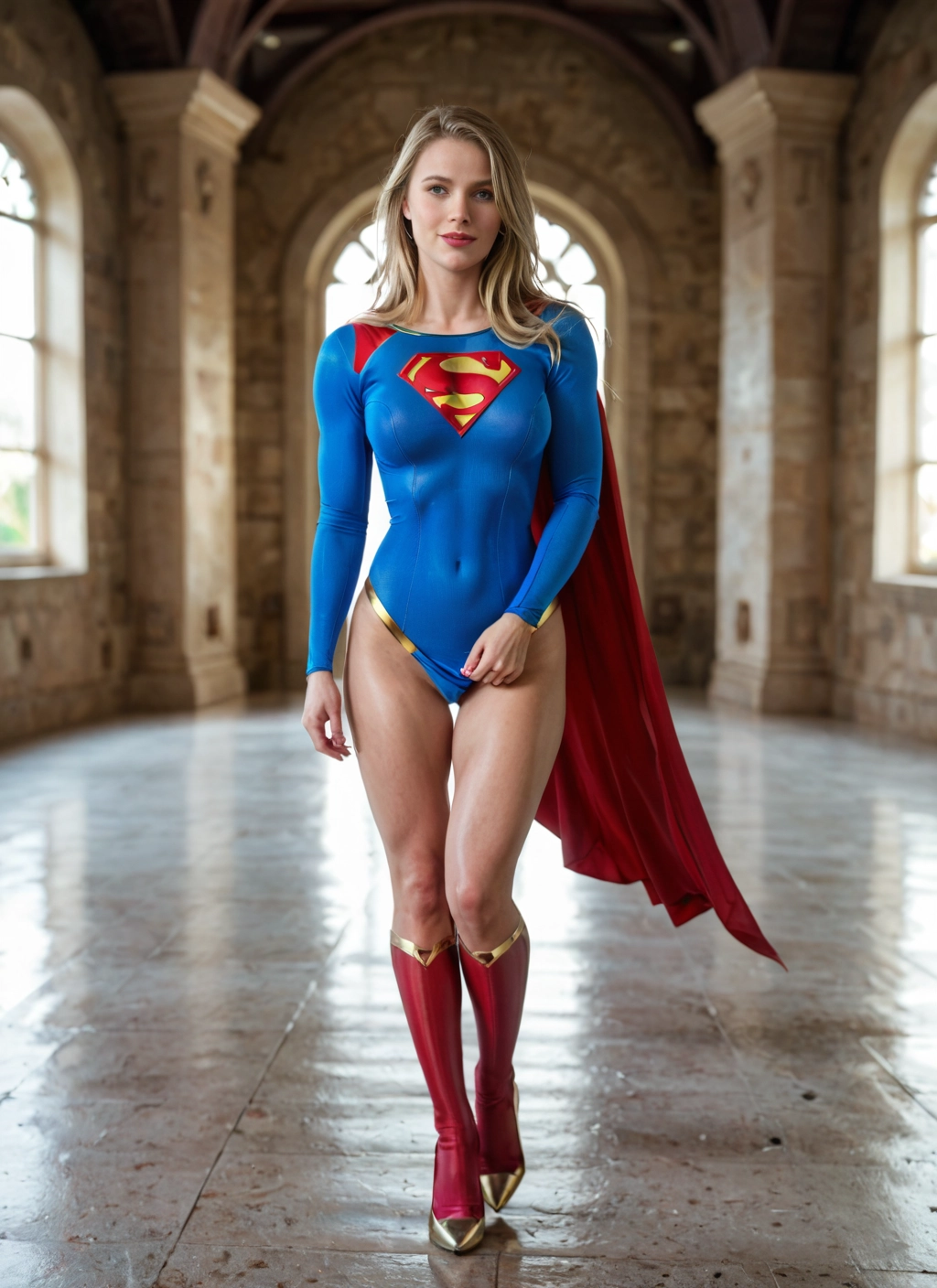 1girl, solo, leotard, cape, blonde hair, boots · Yamete.gg