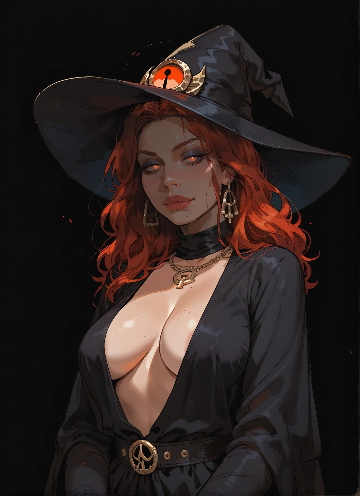 1girl, breasts, hat, witch hat, jewelry, earrings · Yamete.gg