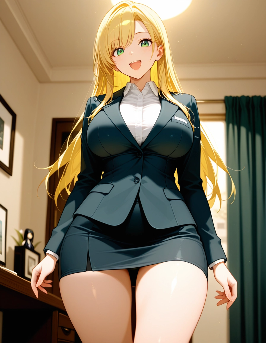 1girl, blonde hair, solo, breasts, skirt, green eyes · Yamete.gg