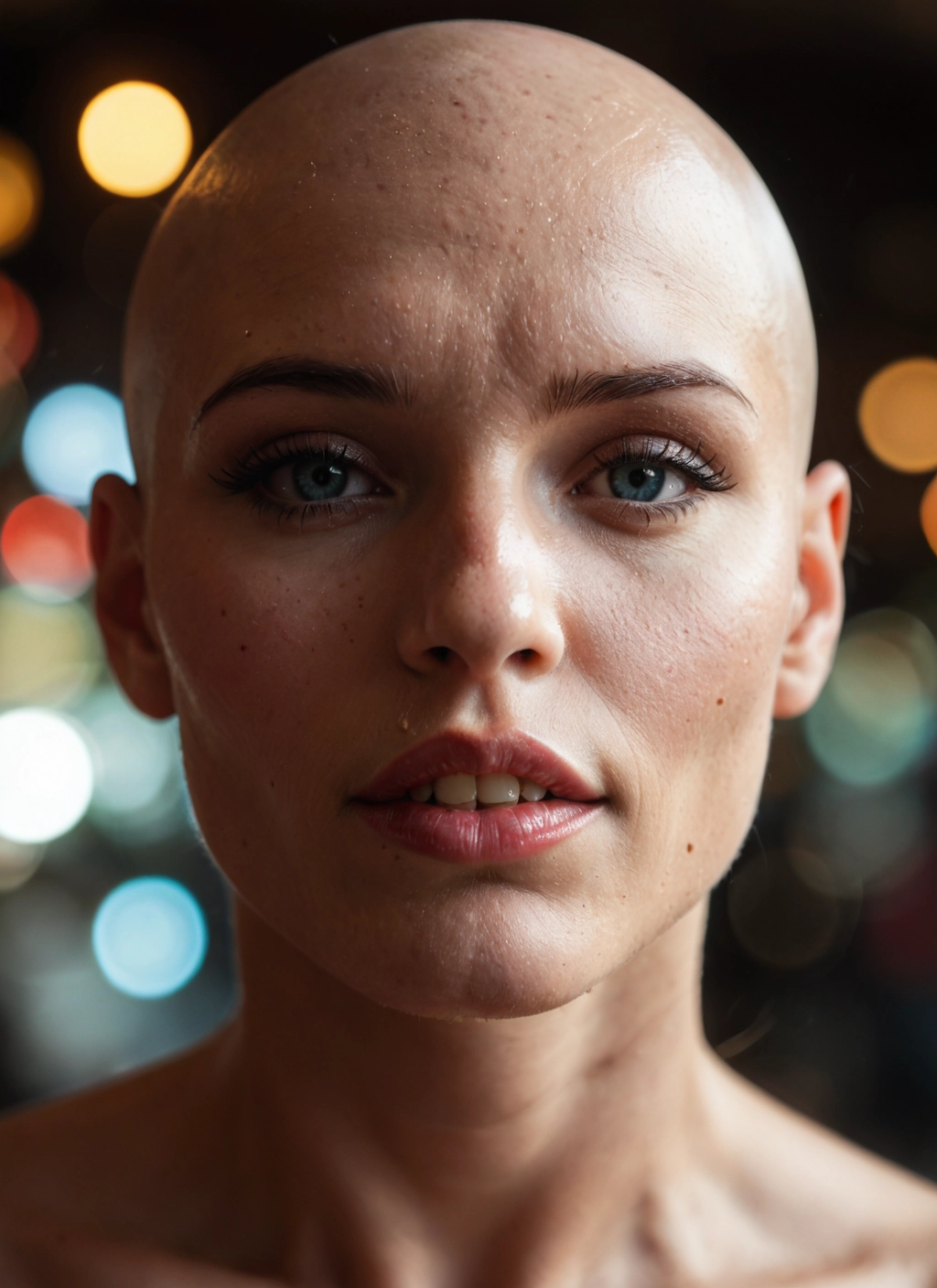 solo, bald, 1girl, freckles, realistic, blue eyes · Yamete.gg