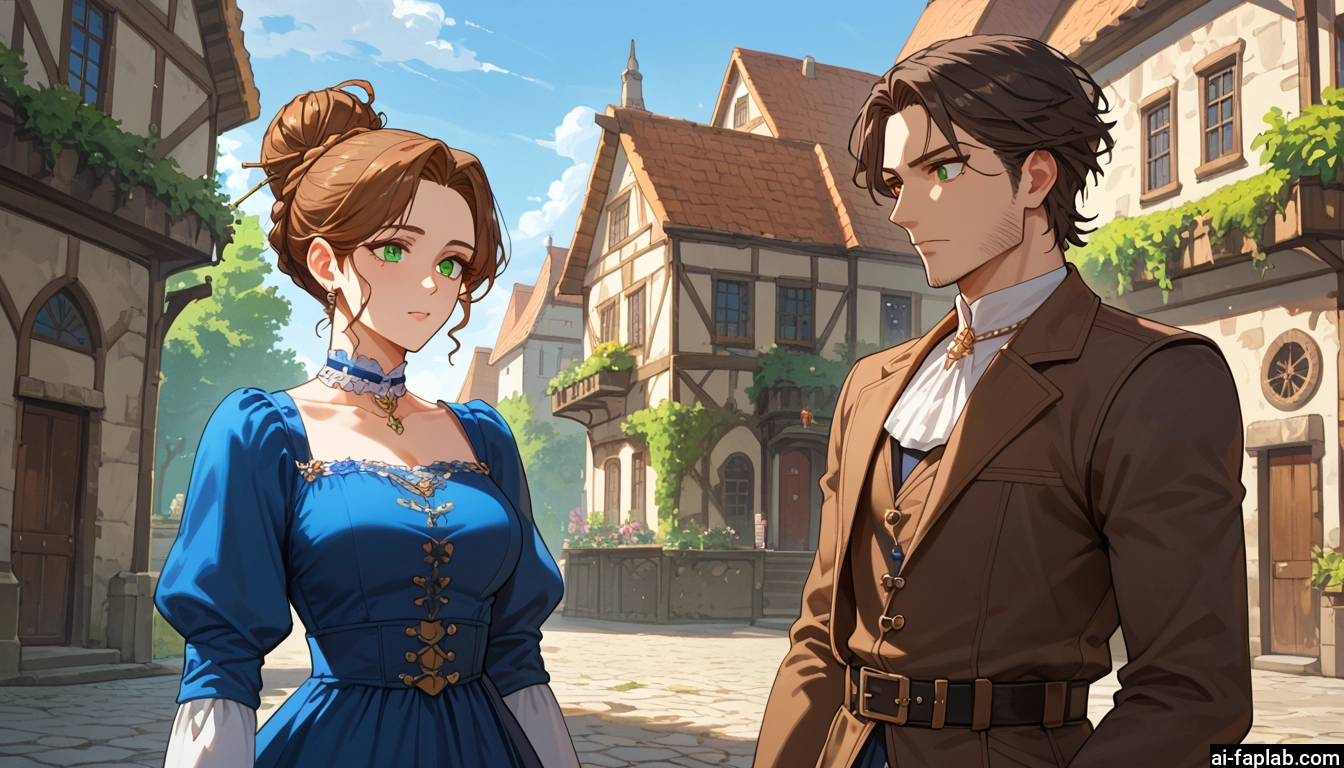 1girl, 1boy, green eyes, dress, brown hair, jewelry · Yamete.gg