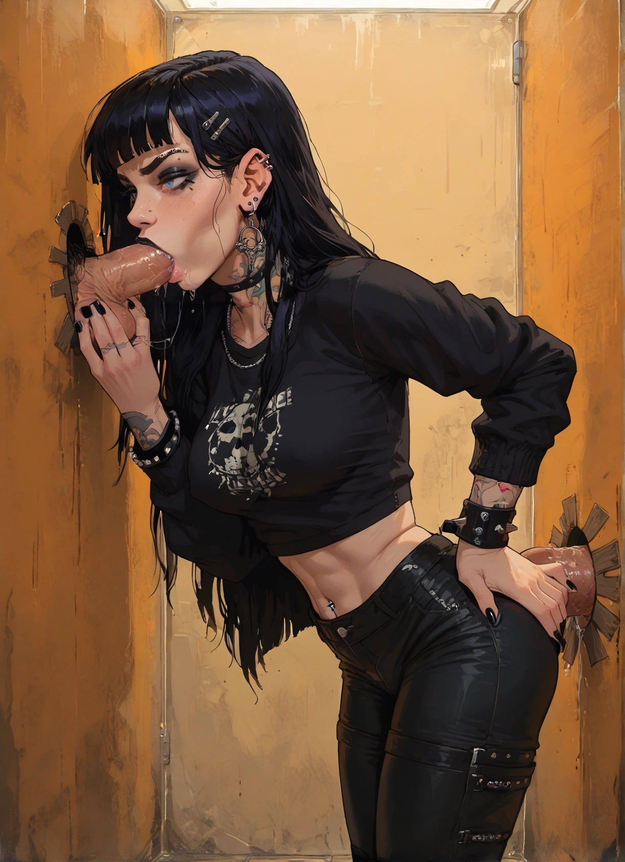 1girl, penis, oral, black hair, fellatio, piercing · Yamete.gg