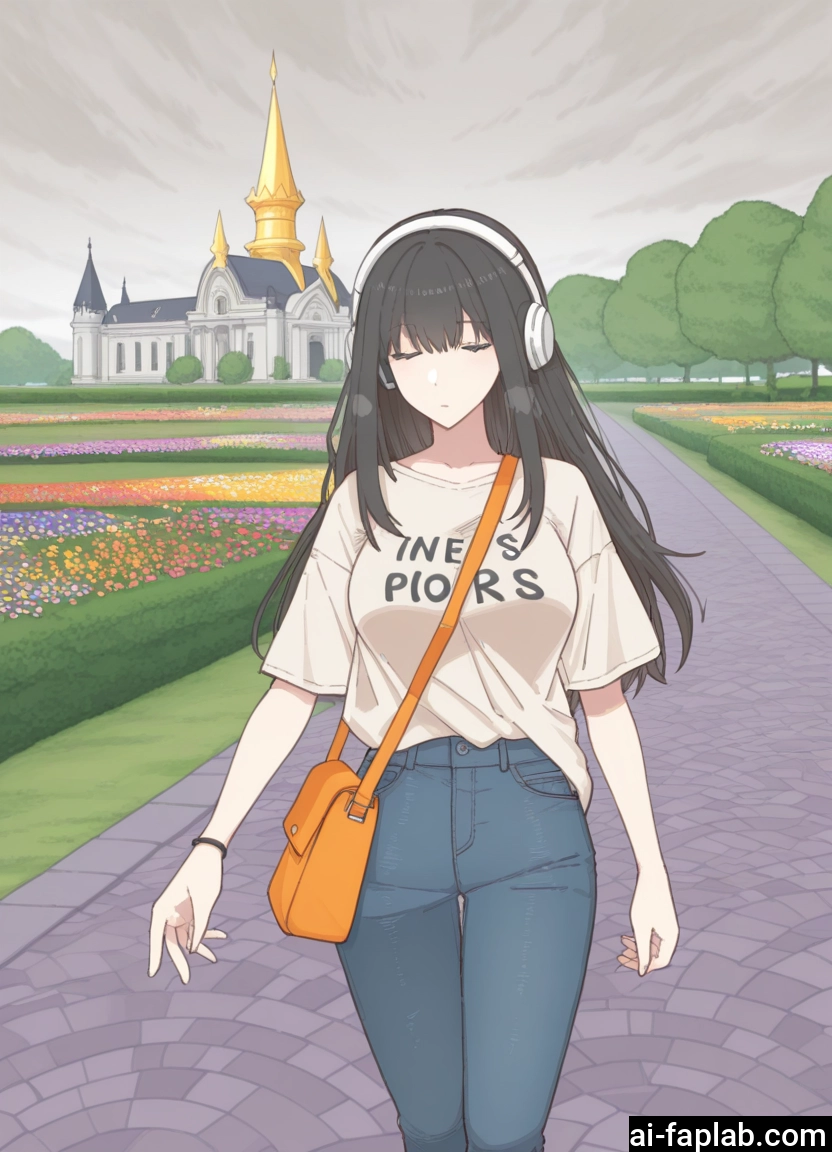 1girl, headphones, black hair, closed eyes, pants, solo