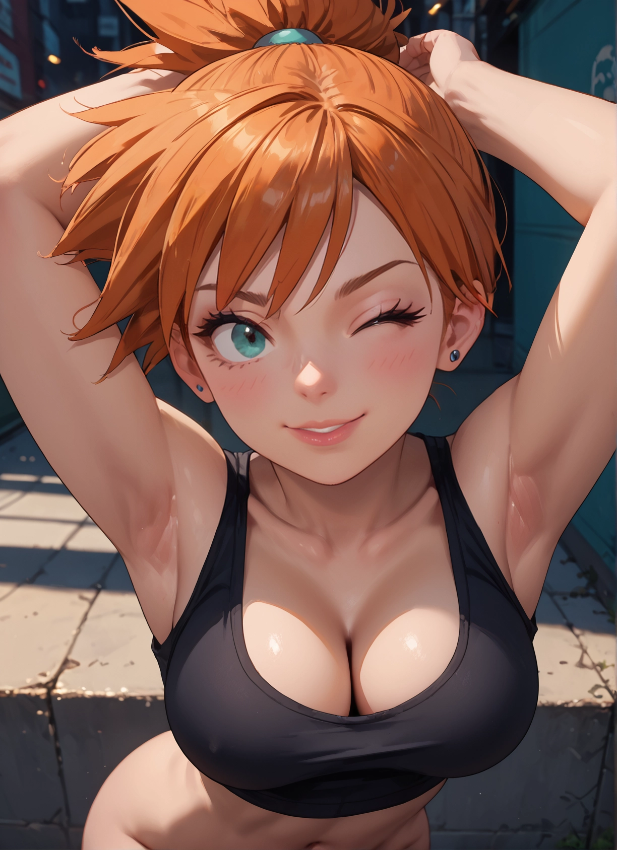 1girl, breasts, one eye closed, armpits, solo, cleavage · Yamete.gg