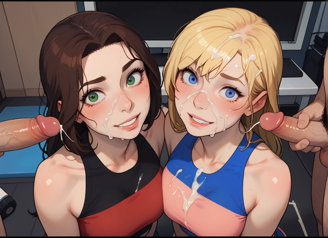 penis, multiple girls, 2girls, cum, blonde hair, blue eyes · Yamete.gg