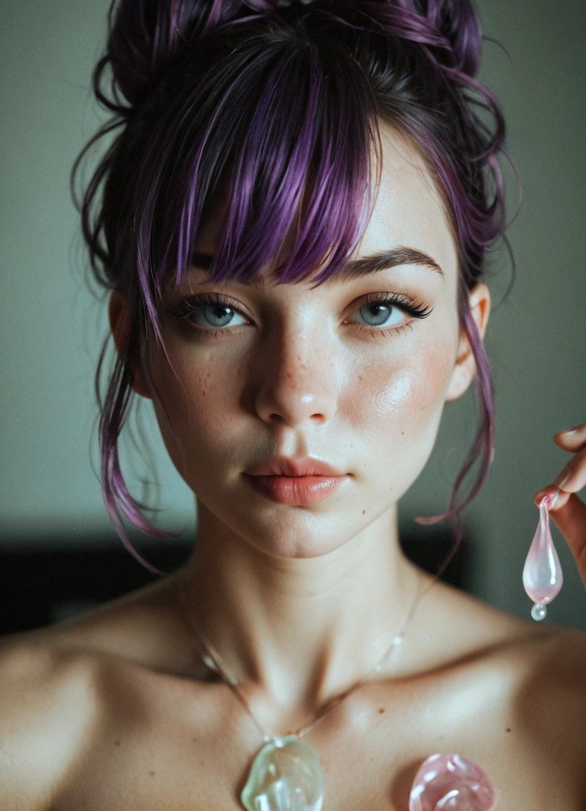 1girl, used condom, solo, realistic, purple hair, hair bun · Yamete.gg