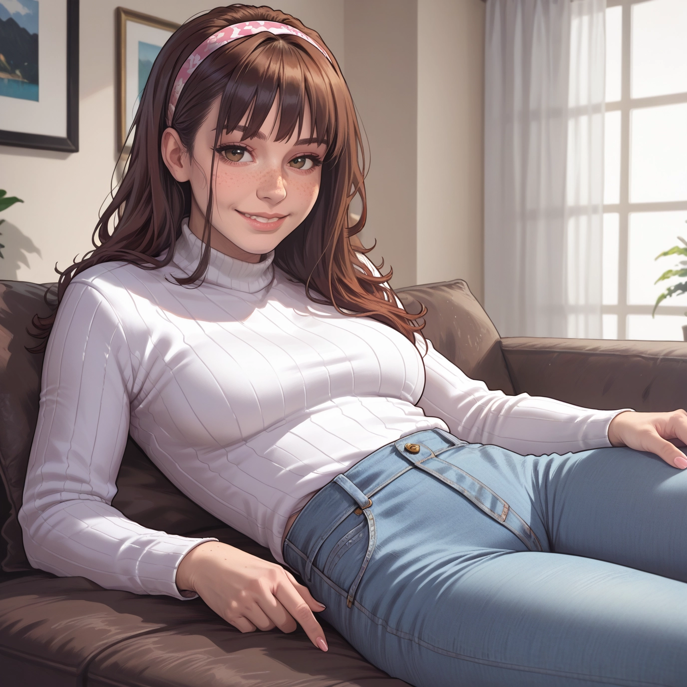 1girl, brown hair, solo, pants, sweater, brown eyes · Yamete.gg
