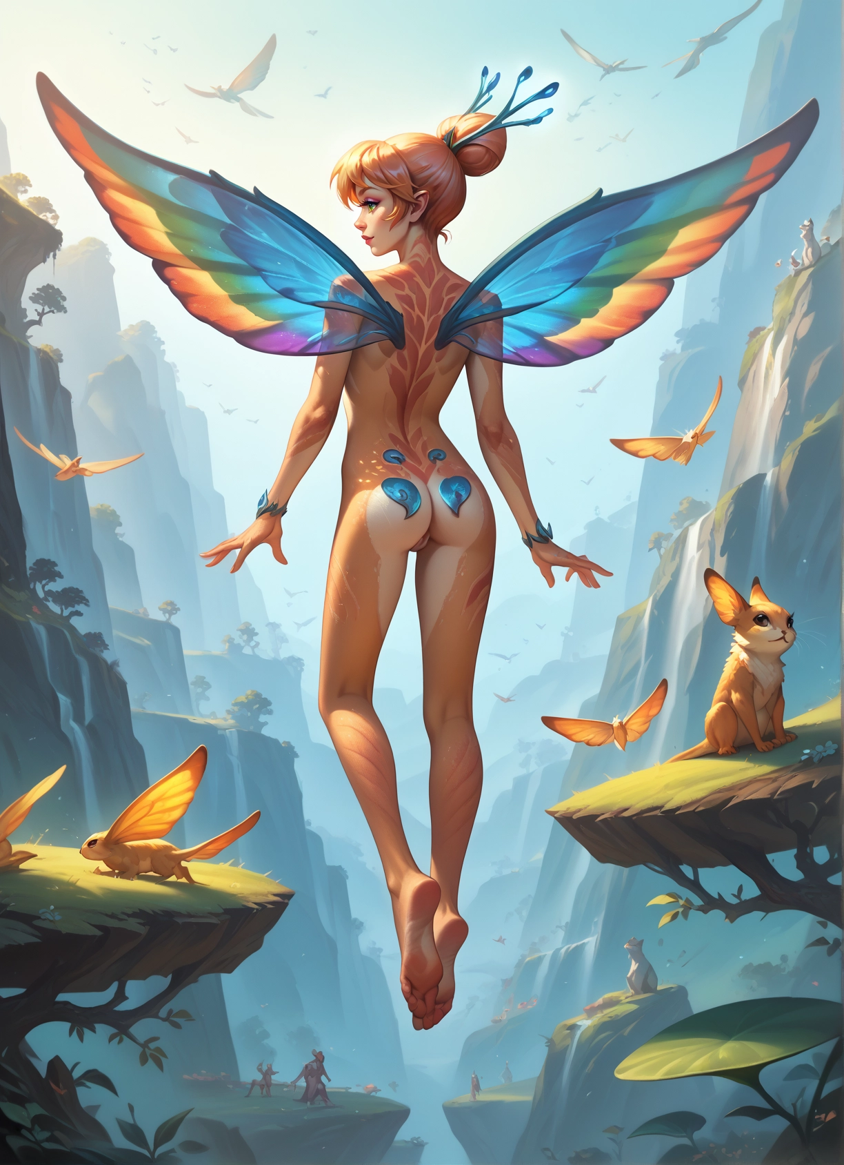 ass, wings, barefoot, 1girl, hair bun, nude · Yamete.gg