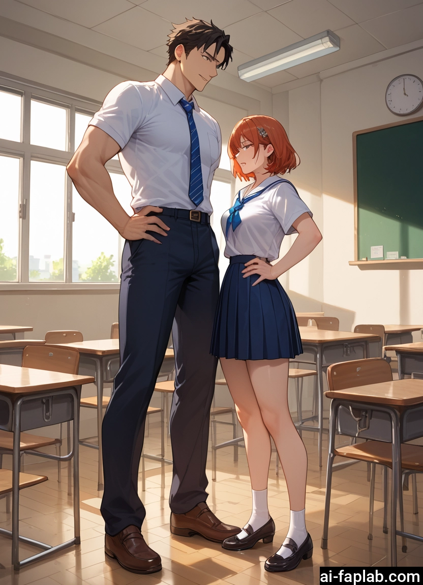 1girl, 1boy, skirt, school uniform, classroom, desk