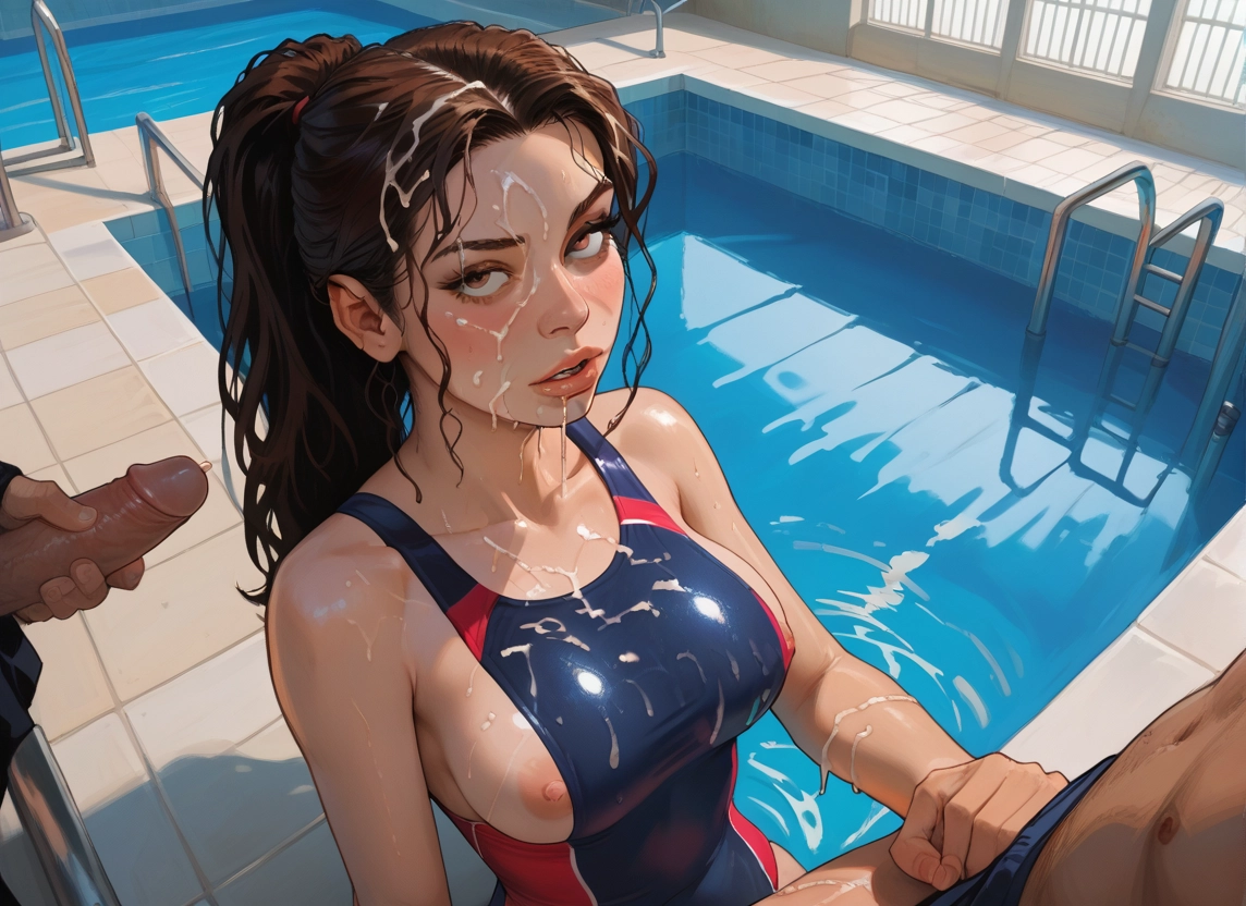 penis, breasts, 1girl, cum, swimsuit, nipples · Yamete.gg