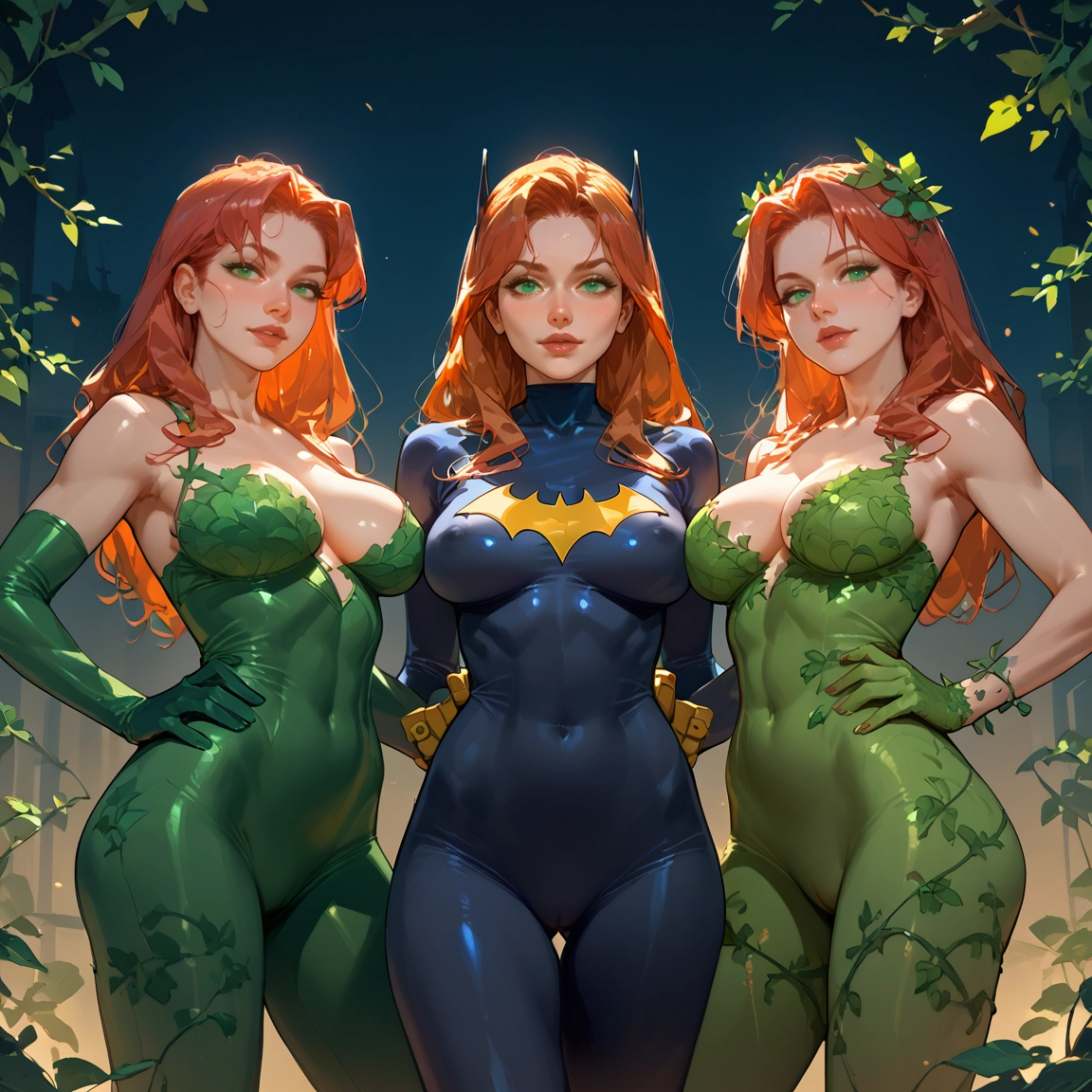 breasts, 3girls, multiple girls, green eyes, gloves, bodysuit · Yamete.gg