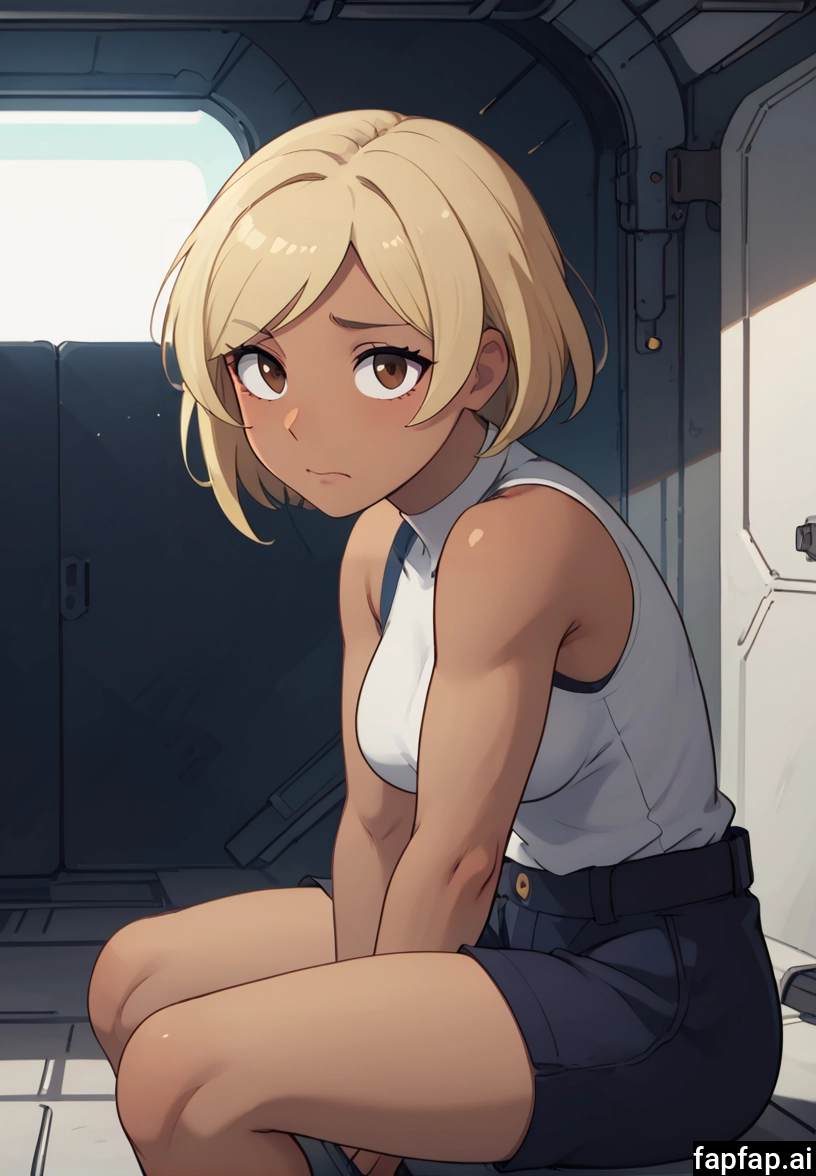 1girl, solo, blonde hair, sitting, short hair, brown eyes