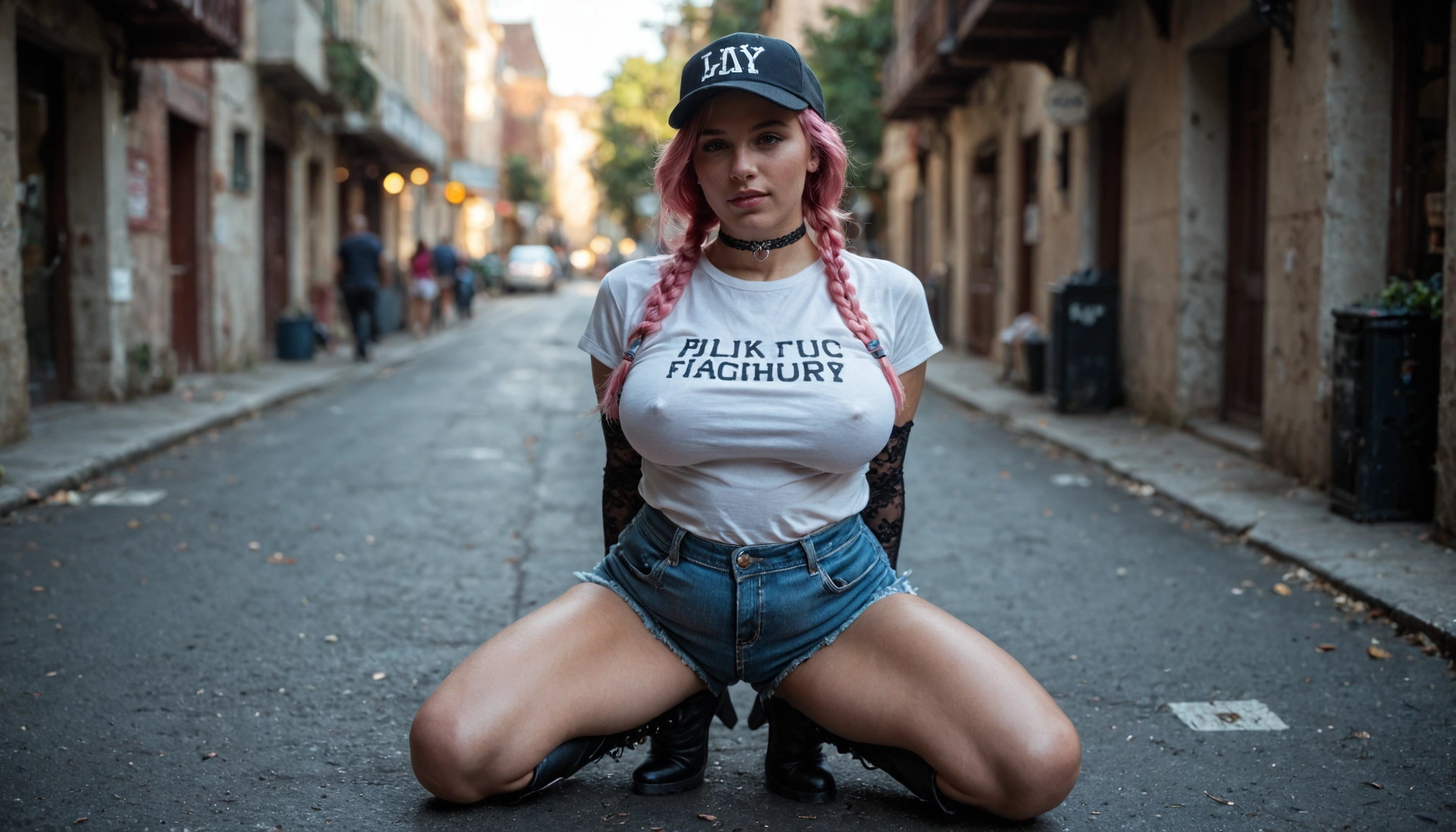 1girl, twin braids, shorts, denim, blurry background, street · Yamete.gg
